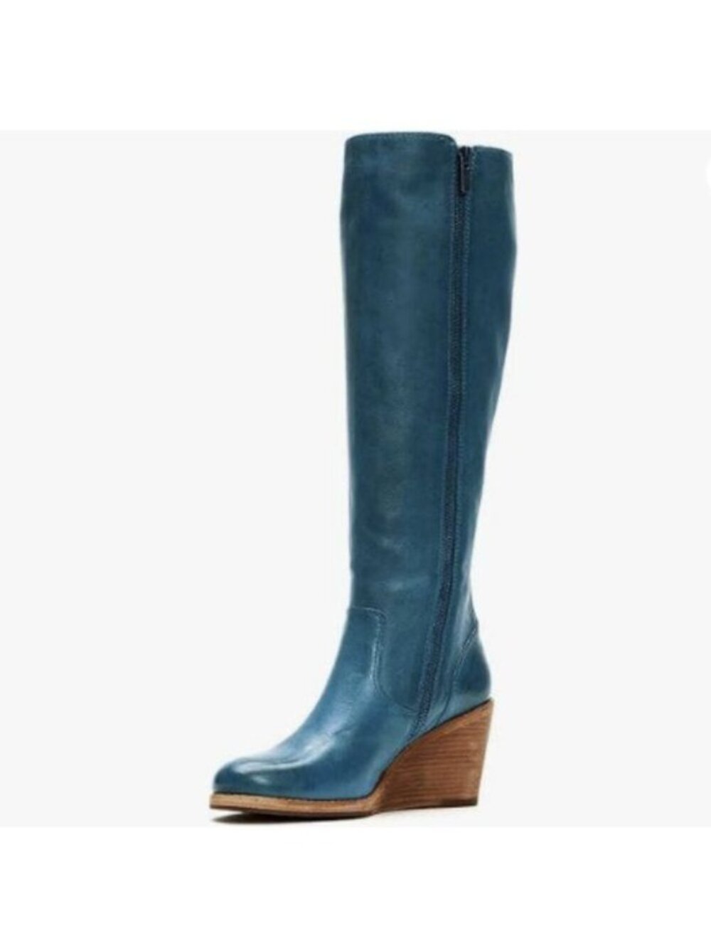 FSJ Women Comfortable Side Zipper Wedge High Heel Point Toe Fancy Blue Boots